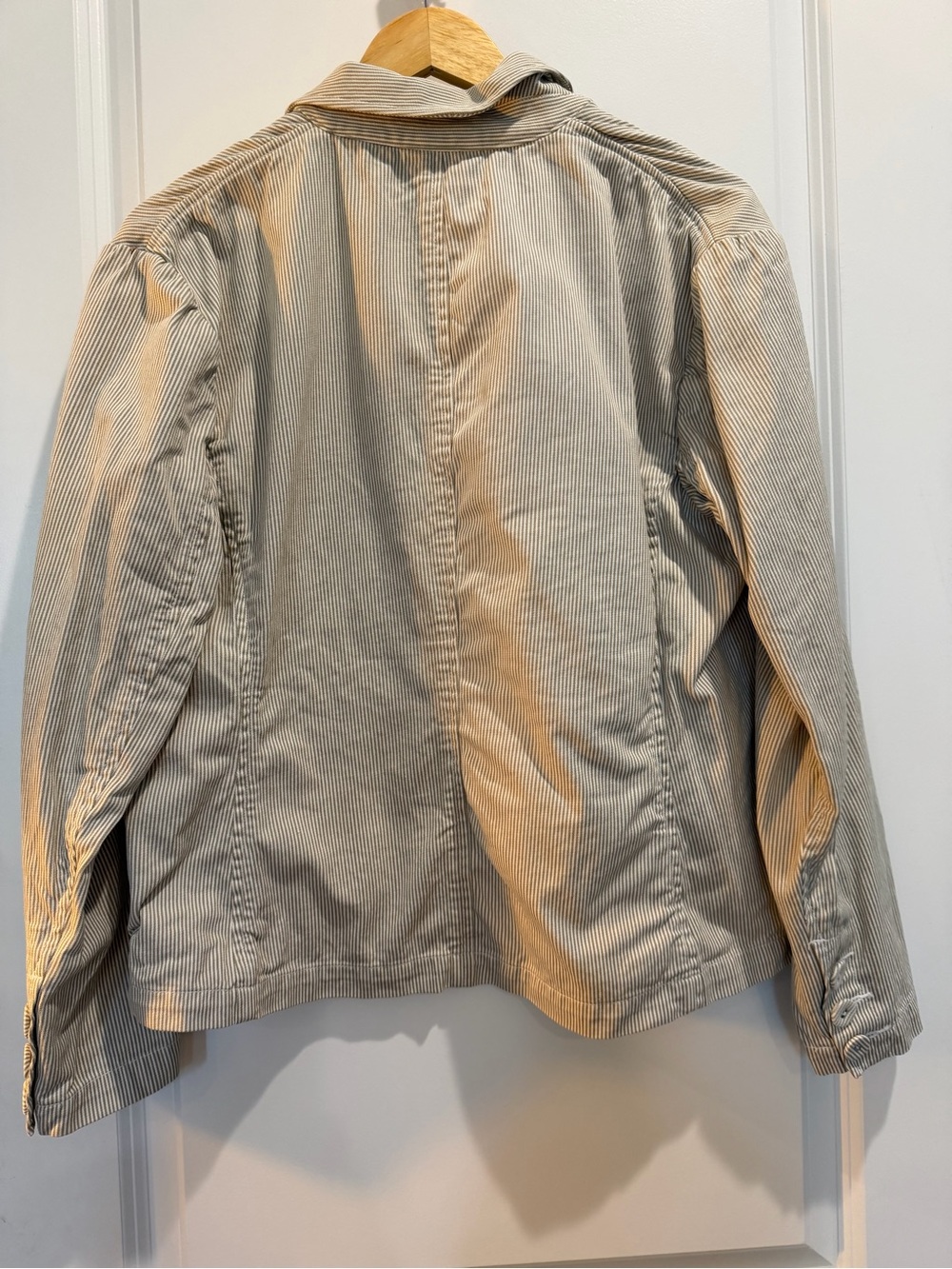 Talbots Stretch Pinstripe Blazer Jacket Tan White Cotton Women's 12 Two Button - Picture 2 of 8